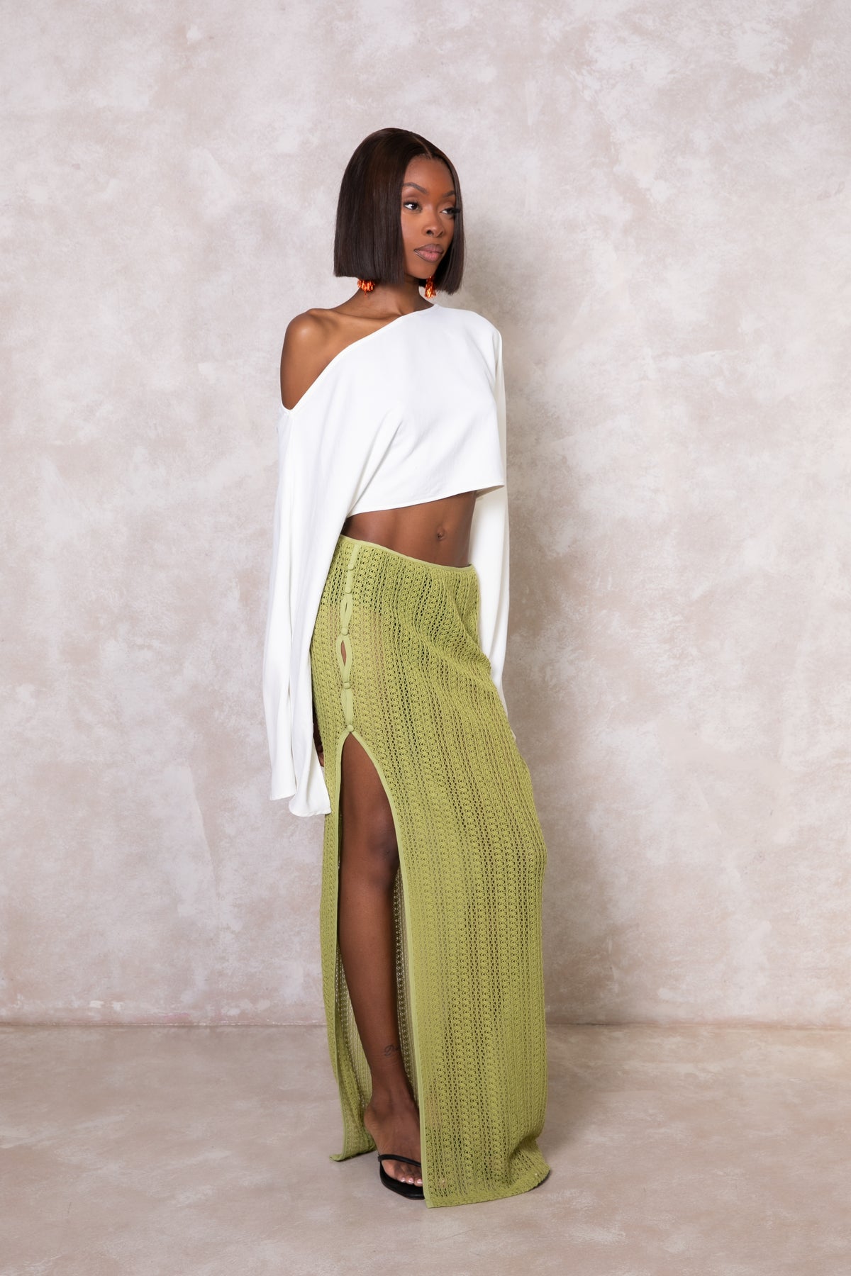 Clover Knit Maxi Slit Skirt - Green