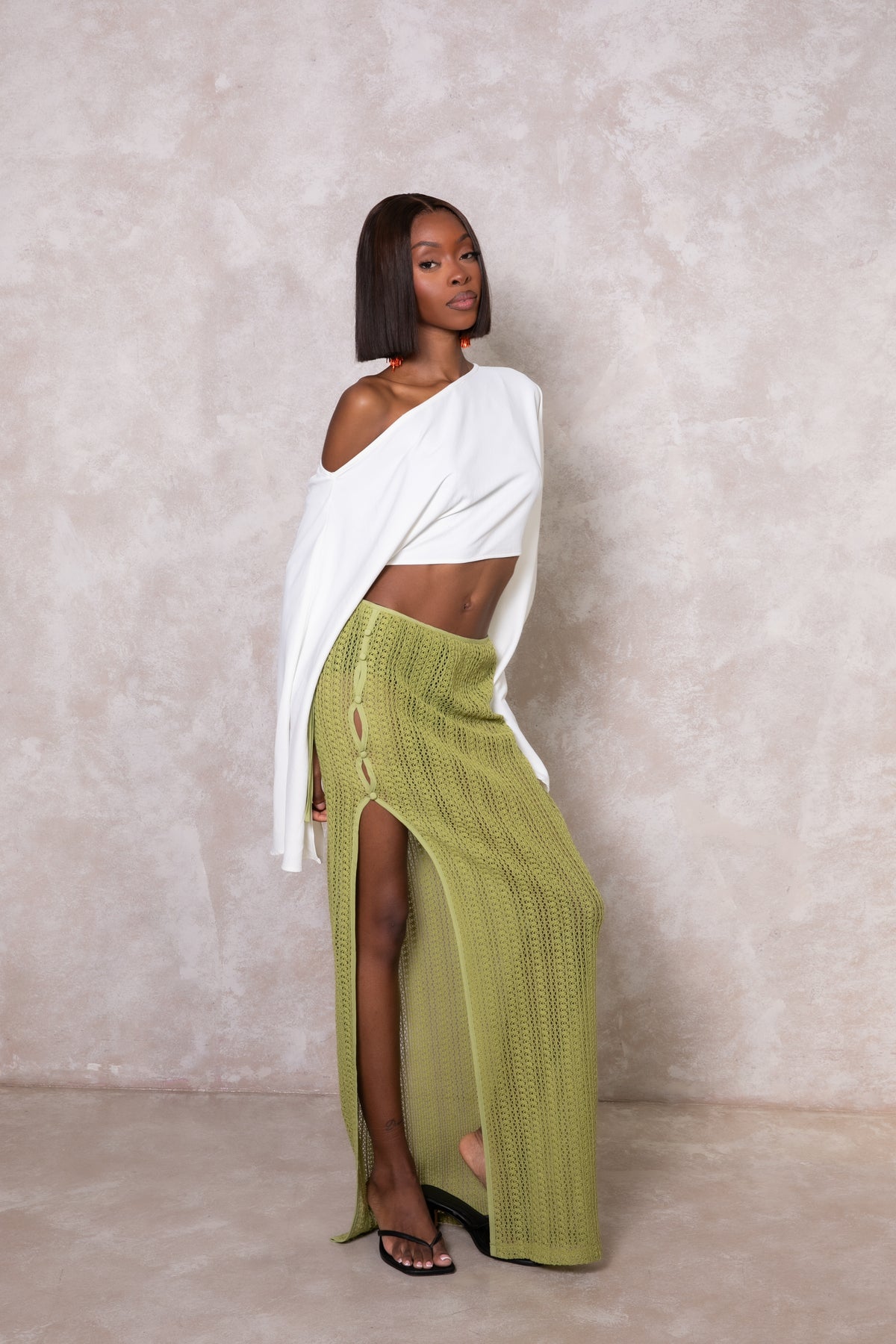 Clover Knit Maxi Slit Skirt - Green