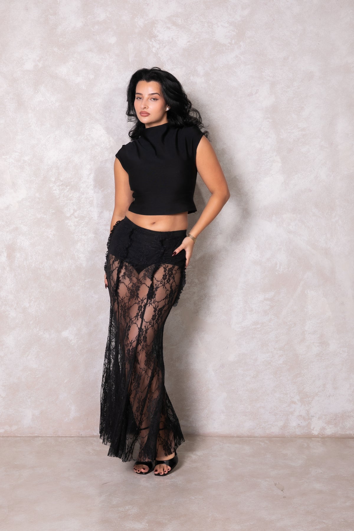 Malika Lace Ruffle Maxi Skirt - Black