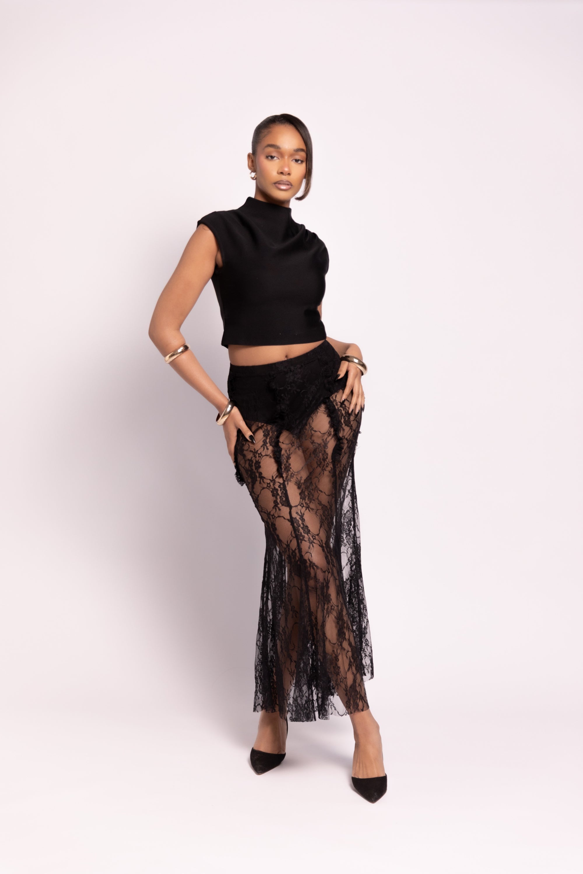 Malika Lace Ruffle Maxi Skirt - Black