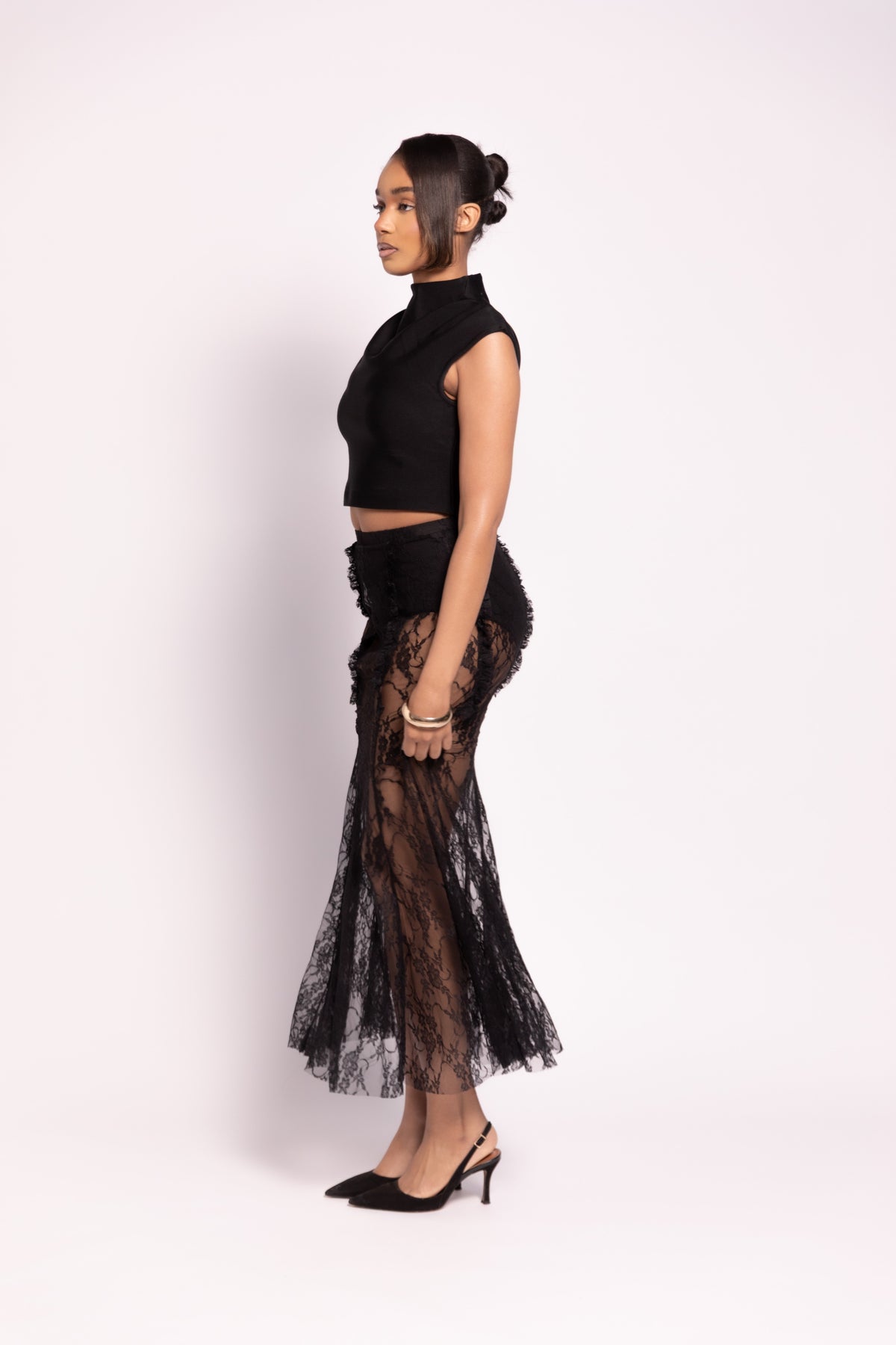 Malika Lace Ruffle Maxi Skirt - Black