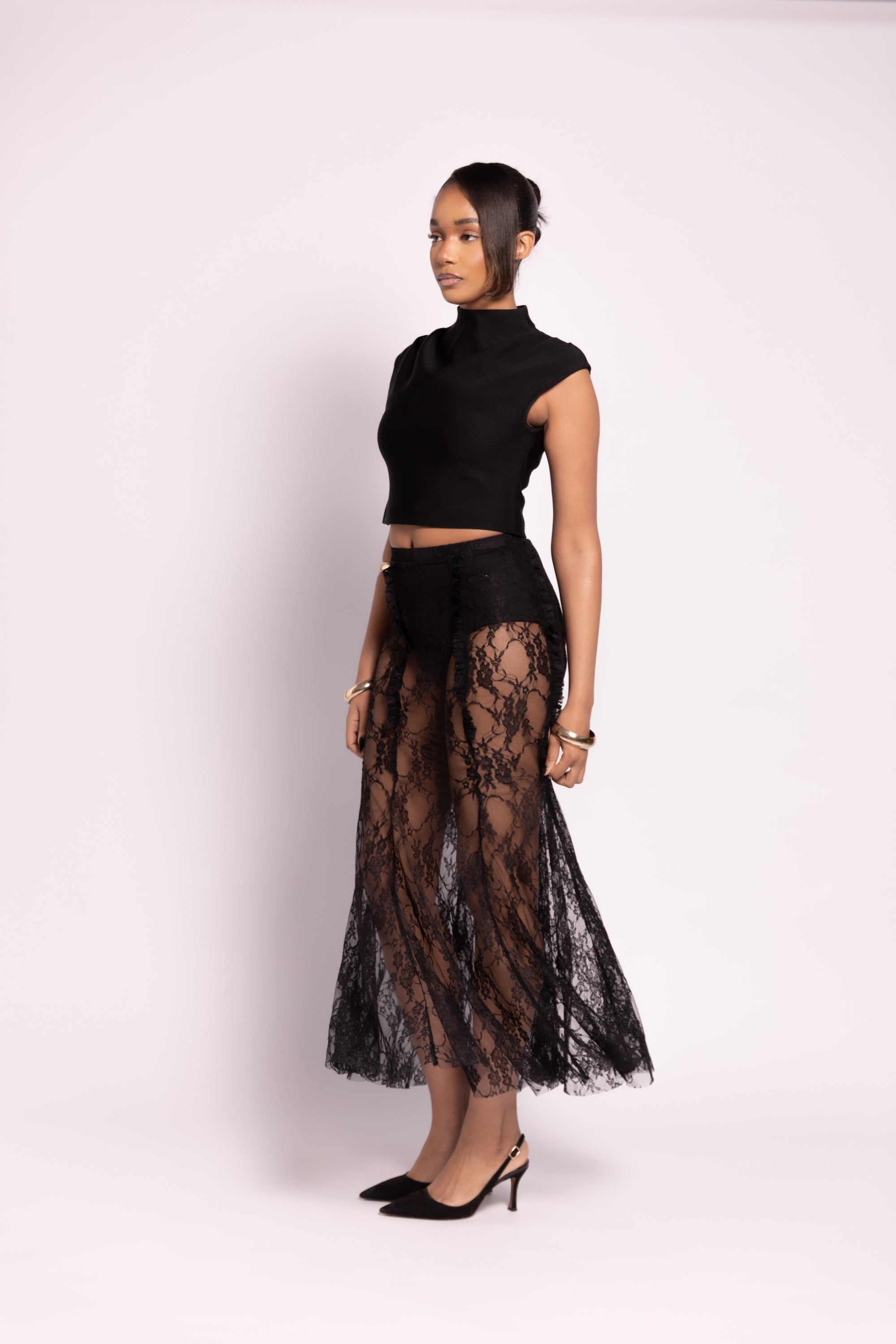 Malika Lace Ruffle Maxi Skirt - Black