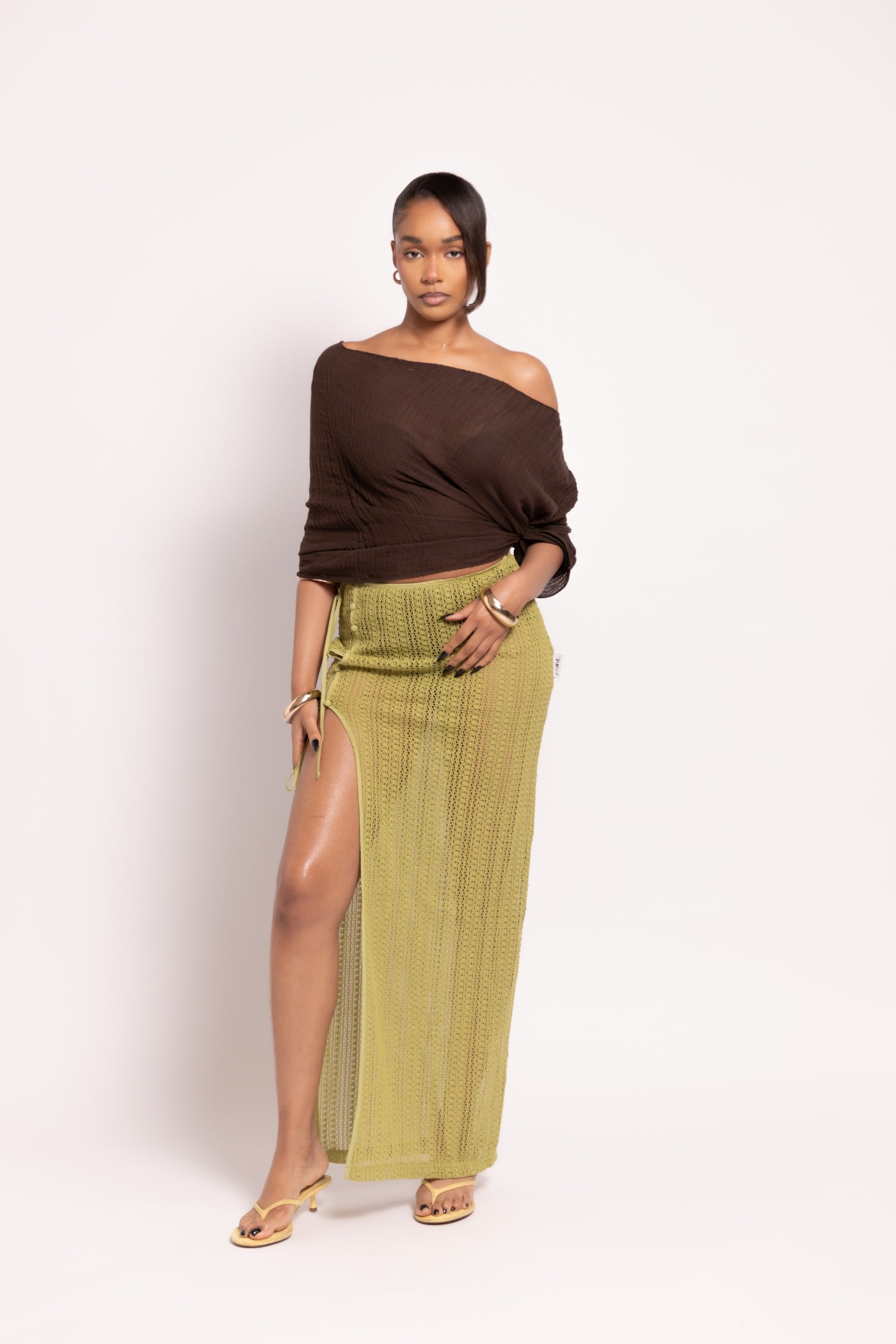Clover Knit Maxi Slit Skirt - Green