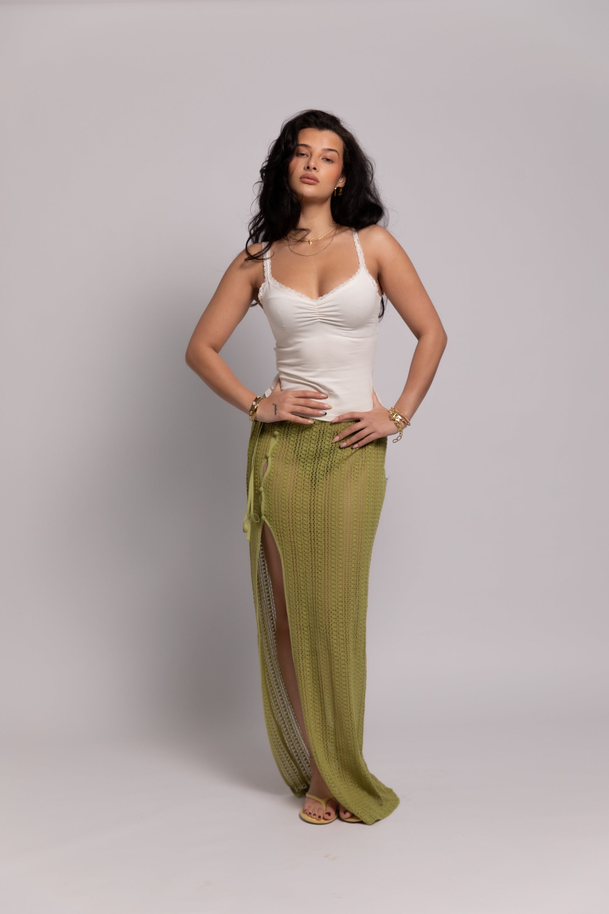 Clover Knit Maxi Slit Skirt - Green