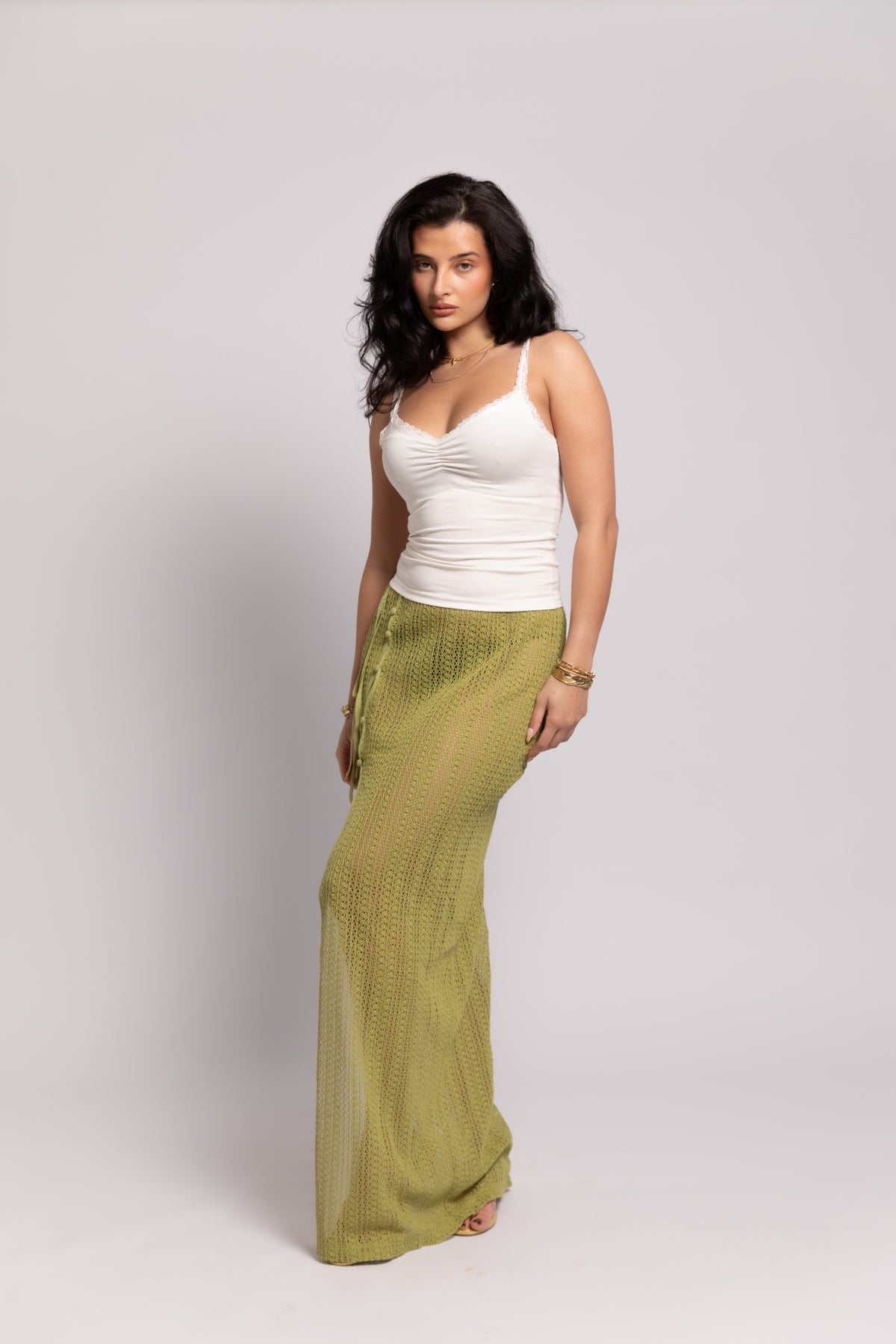 Clover Knit Maxi Slit Skirt - Green